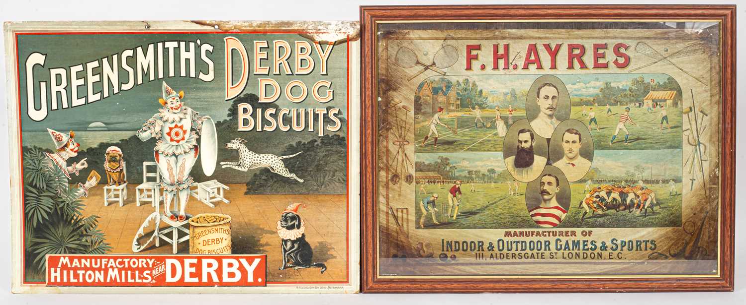 A cardboard Greensmith's Derby Day biscuit advertising sign