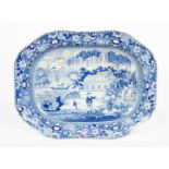 Five English blue and white printed meat plates