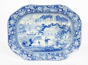 Five English blue and white printed meat plates