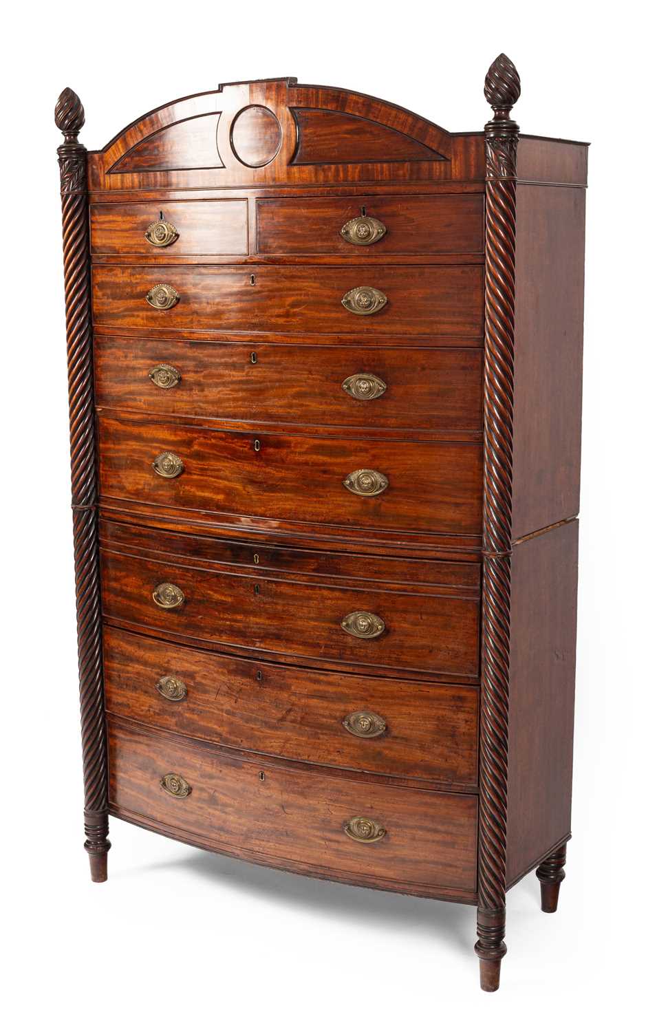 A Regency mahogany bowfront secretaire chest on chest