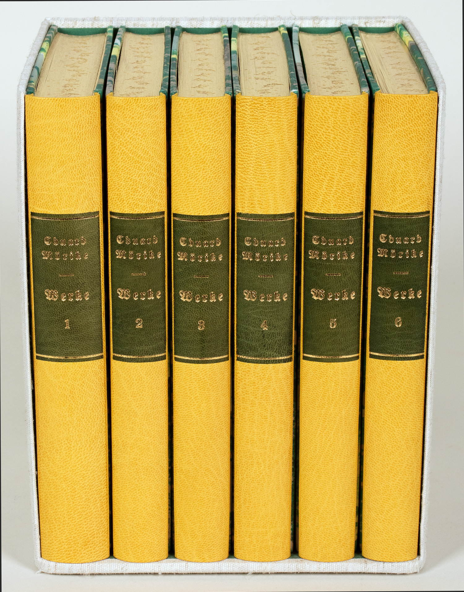 Einbände - Sechs gelbe Halbfranzbände, signiert »R. Meuter Ascona«, mit mit oliv-goldenem Rückenschi