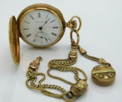 A 14ct gold ladies full hunter pocket watch with three colour gold Albertina, which tests in parts e