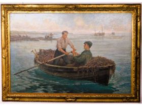 In the style of Harold Harvey (1874-1941), a large Newlyn school oil painting depicting two young me
