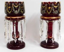 A pair of large ruby glass Victorian lustres with