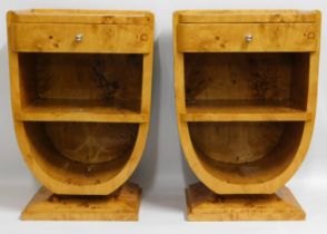 A pair of burl elm art deco style bedside cabinets