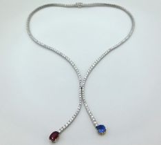 A fine 18ct gold diamond, sapphire & ruby necklace