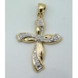 A 14ct gold cross pendant set with five small diamonds, 28mm drop x 18.25mm wide, 1.8g
