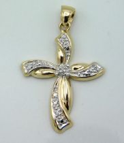A 14ct gold cross pendant set with five small diamonds, 28mm drop x 18.25mm wide, 1.8g