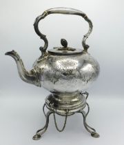 A large 19thC. silver plated spirit kettle & stand, maker C.F, 370mm high to handle, Ivory Exemption
