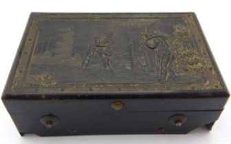 A mid Victorian musical snuff box, lid depicts two