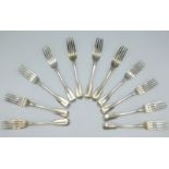 Eleven matched George III London silver dinner forks by John Henry Lias 1818 & six Solomon Royes &0g