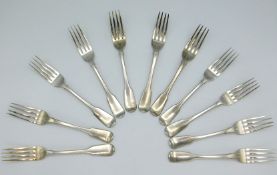 Eleven matched George III London silver dinner forks by John Henry Lias 1818 & six Solomon Royes &0g