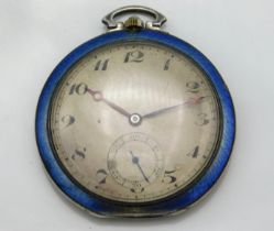 An antique shagreen backed silver pocket watch with enamel to case, 54.8g, case 50mm diameter, runni