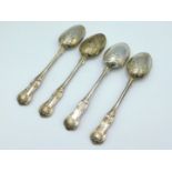 An 1860 set of four early Victorian London silver kings pattern tablespoons by Francis Higgins, worn