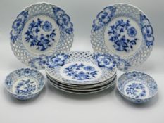 Seven Meissen porcelain onion pattern ribbon plate