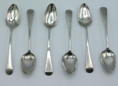 A set of six, 1802 George III London silver teaspoons by Samuel Godbehere, Edward Wigan & James Boul