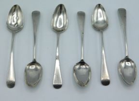 A set of six, 1802 George III London silver teaspoons by Samuel Godbehere, Edward Wigan & James Boul
