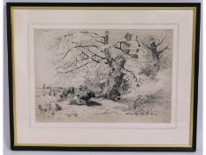 A 19thC. pen & ink sketch of folk with cattle in r