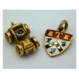 A 9ct gold miniature car charm twinned with a 9ct