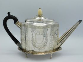 A 1786 George III silver teapot & stand with carved ivory finial & bright cut decor by Thomas Chawne