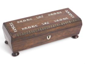 An early 19thC. rosewood glove box with inlaid mot