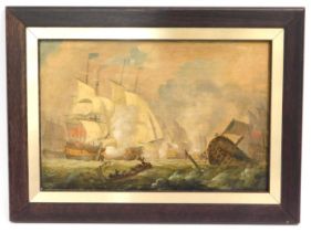 A fine oil on panel of 1787 French Armada in Battl