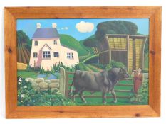 Jo March - Cornish b.1962, acrylic on canvas of Farmhouse & Cow titled 'Inheritance', image size 903
