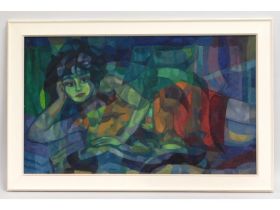 Horas Kennedy - Cornish (1917-1997), 'Reclining Woman' acrylic on panel, image size 705mm x 420mm