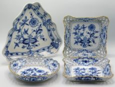 Four pieces of 19thC. Meissen porcelain onion pattern wares, one square dish with stapled repair, la