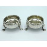 A pair of 1755 George II London silver salts, rubbed mark, probably Peter Werritzer, etched to under