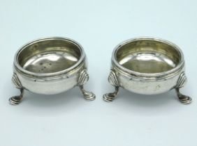 A pair of 1755 George II London silver salts, rubbed mark, probably Peter Werritzer, etched to under