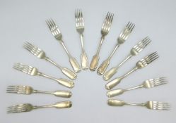 A set of twelve 1869 Victorian Exeter silver dinner forks by Thomas Hart Stone, 118mm long, 645g