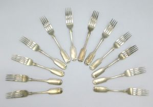 A set of twelve 1869 Victorian Exeter silver dinner forks by Thomas Hart Stone, 118mm long, 645g