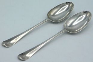 A pair of Georgian London silver tablespoons, rubbed marks, 200mm long, approx. 130