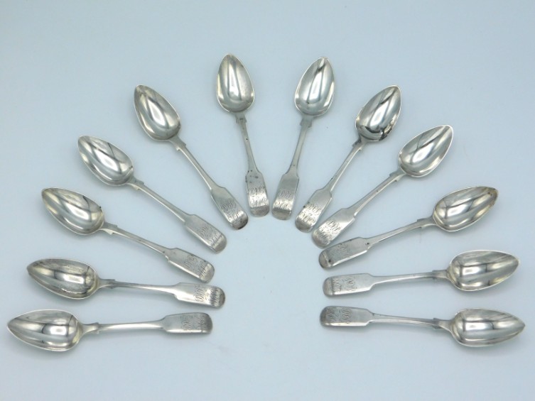 An 1816 set of twelve, George III London silver teaspoons by maker WW, inscribed 'BK to RKB', 140mm