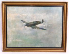 A WW2 period oil painting of a 331 Squadron Spitfi