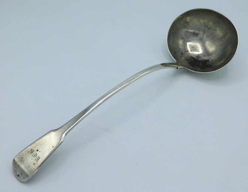 An 1816 George III London silver soup ladle by Thomas Wilkes Barker, 330mm long, approx. 210g