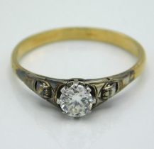 A yellow metal ring, tests electronically as 18ct gold, set of 0.33ct diamond, 2.4g, size Q/R