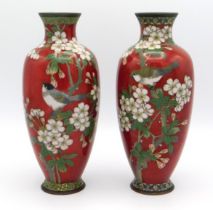A pair of Japanese cloisonne vases with floral & b