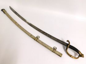 An antique military sabre with scabbard & brass ha