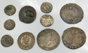 Ten Bohemian coins including a 1724 four Krajcar, a 1624 Fredinand II, a Rudolf II 1593 Maley Grosch