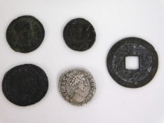 Three bronze Roman coins, one silver & an 11thC. C