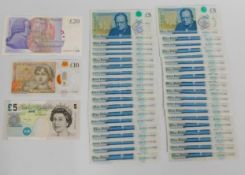 A twenty pound note, a Cleland ten pound note & thirty eight Churchill five pound notes twinned with
