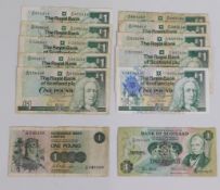 Nine Bank of Scotland one pound notes, one similar