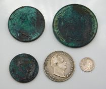 A silver William IV 1834 shilling, an 1831 silver 1d, twinned three 1831 William IV coins penny, hal