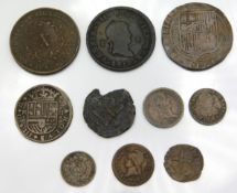 Various coinage including Spain & France: a 1708 Charles III silver two reales, Ferdinand & Isabella