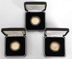 Three cased Piedfort silver proof two pound coins,