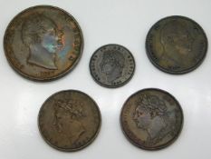 A George IV 1837 half penny, twinned with three Ge