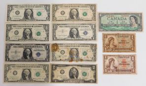Seven vintage US one dollar bills, one two dollar