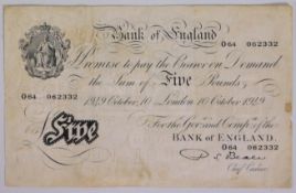 A Bank of England Beale white five pound note, serial number 064 062332
